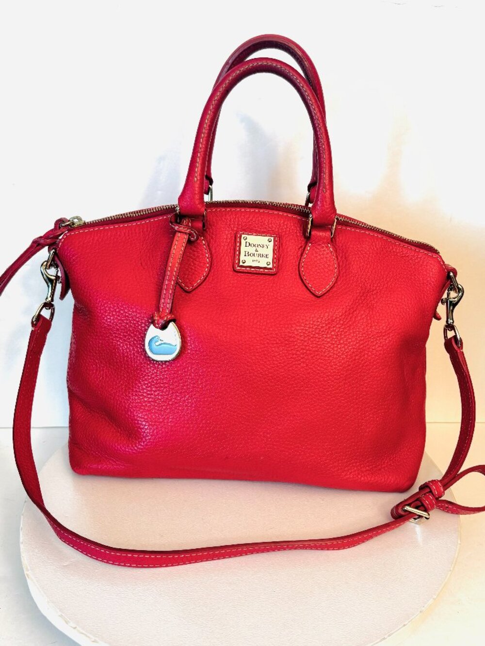 Vtg Dooney & Bourke Bag Red Pebbled Lucca Leather Satchel Crossbody Strap Zip